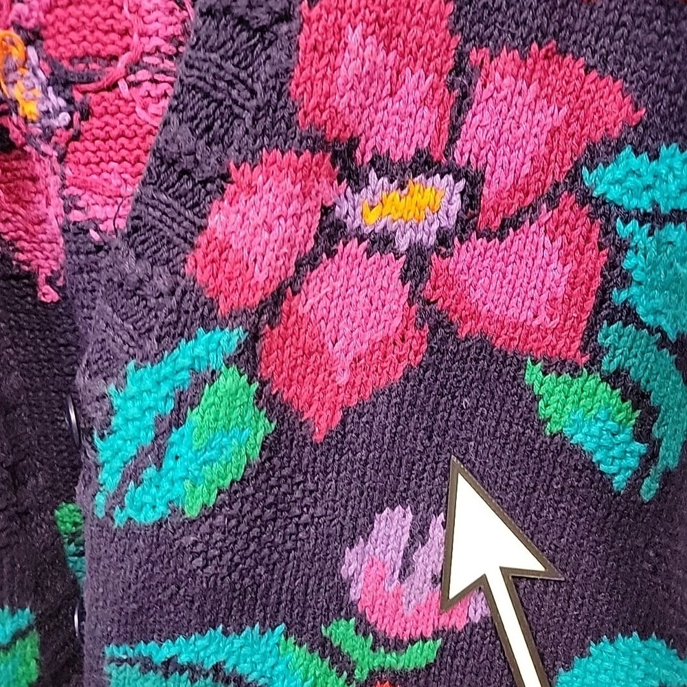 Vintage Izod Sweater Women M Floral Cardigan Hand Knit Cotton Blend Vibrant Rare - Picture 15 of 16